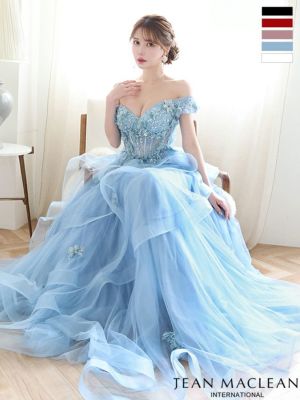 [JEANMACLEAN/ジャンマクレーン] 高級 バースデー オフショルダー 立体フラワー シアー コルセット風デザイン チュール Aラインロングドレス