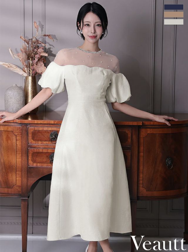 キャバドレス ロングドレス Veautt/ヴュート 高級 半袖 パフスリーブ シアー ビジュー ワンカラー ポケット付き Aラインロングドレス