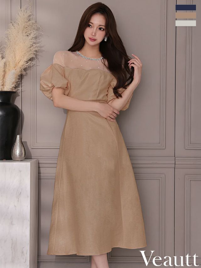 キャバドレス ロングドレス Veautt/ヴュート 高級 半袖 パフスリーブ シアー ビジュー ワンカラー ポケット付き Aラインロングドレス