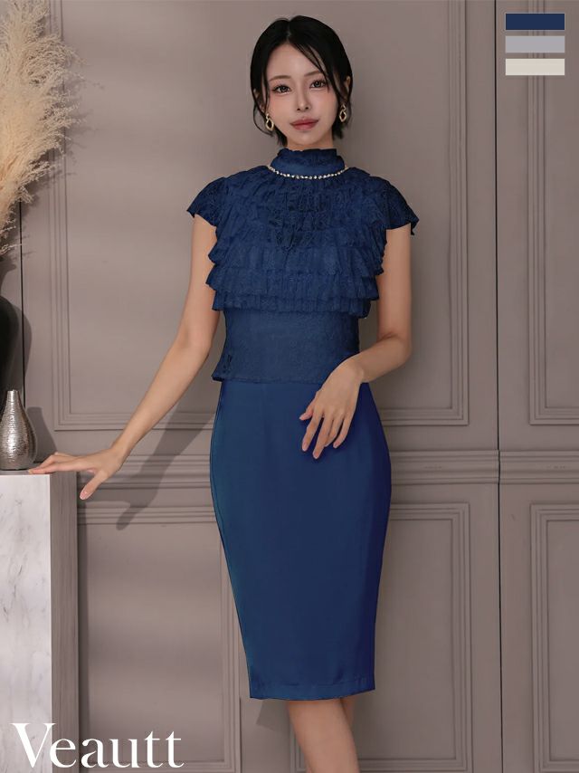 予約商品【8月下旬入荷予定】[Veautt/ヴュート] 高級 ノースリーブ レース フリル ハイネック ビジュー タイト膝丈ドレス