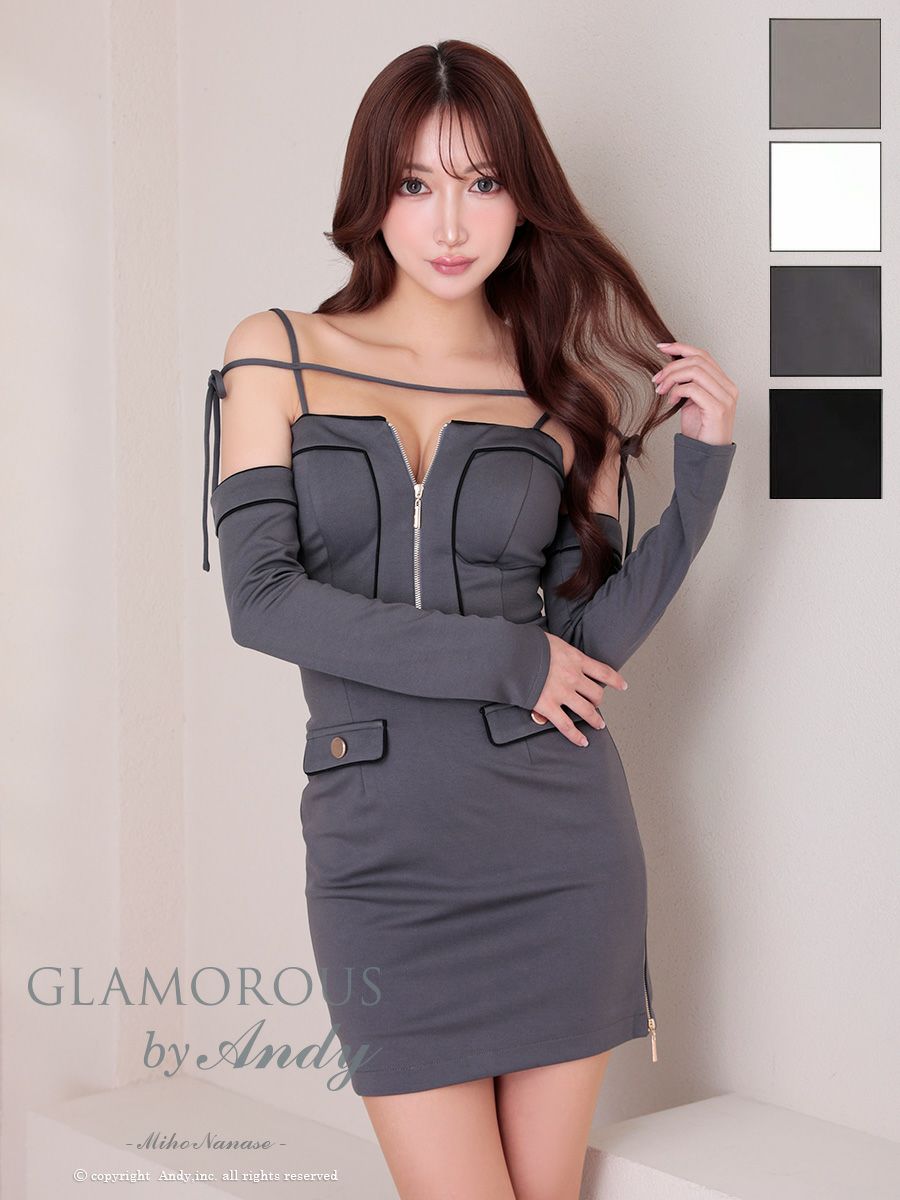 キャバドレス AndyGLAMOROUS アンディグラマラス　高級 長袖 袖あり 肩あき ジップ ポケット風 ゴールドボタン タイトミニドレス