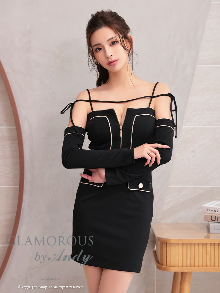 キャバドレス AndyGLAMOROUS アンディグラマラス　高級 長袖 袖あり 肩あき ジップ ポケット風 ゴールドボタン タイトミニドレス