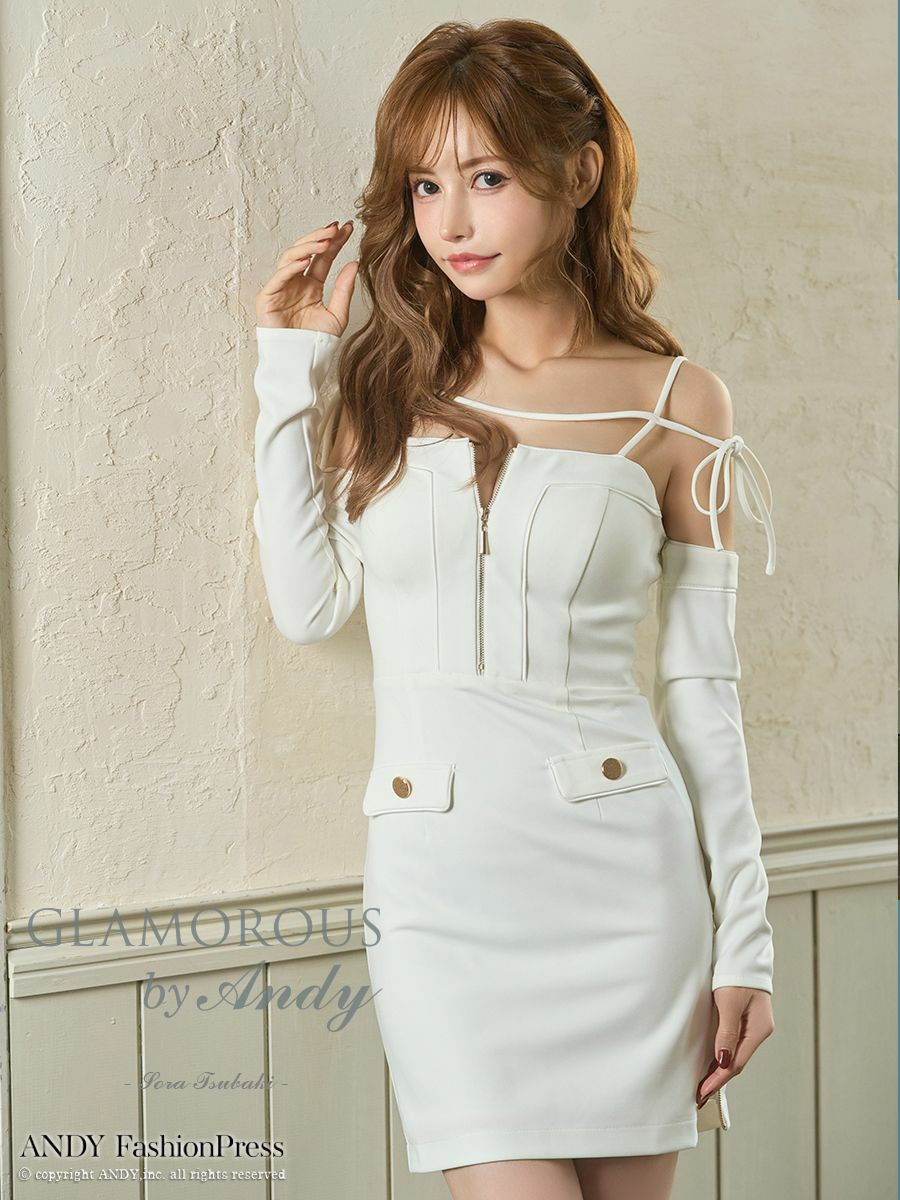 キャバドレス AndyGLAMOROUS アンディグラマラス　高級 長袖 袖あり 肩あき ジップ ポケット風 ゴールドボタン タイトミニドレス