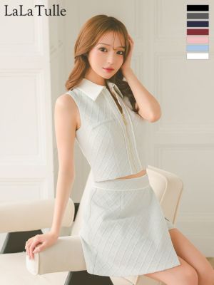 [ROBEdeFLEURSGlossy/ローブドフルールグロッシー] 高級 ノースリーブ 襟付き ジップ セットアップ シンプル タイトミニドレス (れむ/キャバドレス着用)