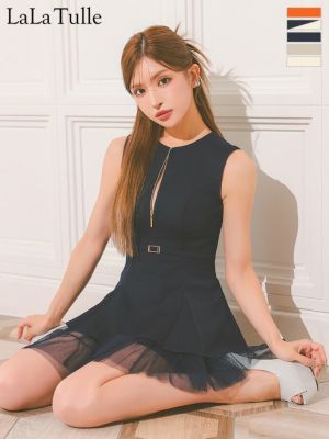 予約商品【9月下旬入荷予定】[DEA.byROBEdeFLEURS/ディアバイローブドフルール] 高級ノースリーブジップウエストベルトチュールフレアミニドレス (ゆんころ/キャバドレス着用)