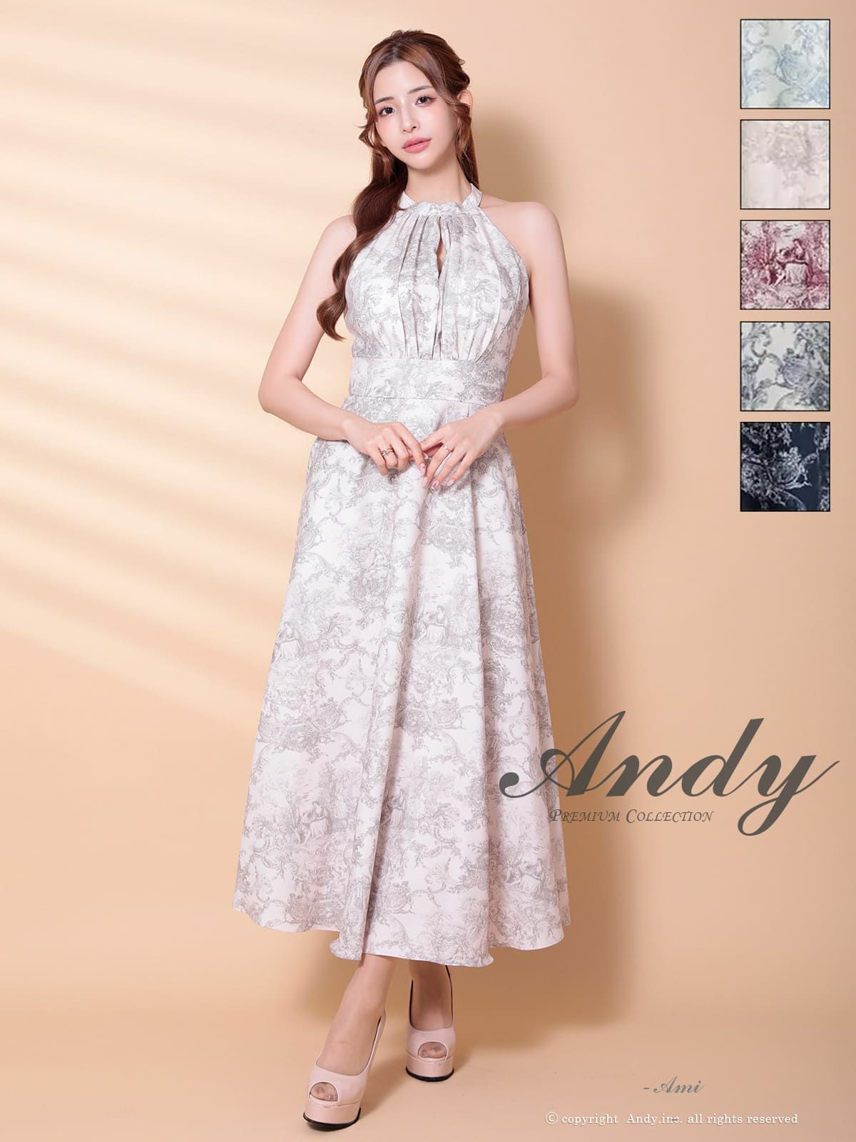 キャバドレス Andy アンディ 高級 ノースリーブ ハイネック トワルドジュイ ウエストマーク ポケット フレア ミニドレス