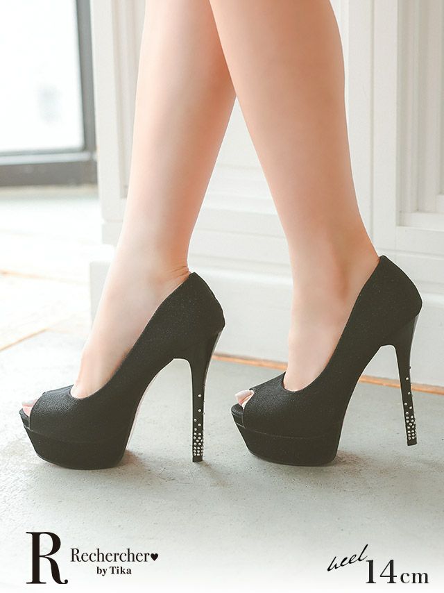 靴 パンプス ハイヒール オープントゥ 黒 ブラック ラメ キャバクラ キャバパンプス