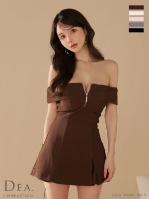 [DEA.byROBEdeFLEURS/ディアバイローブドフルール] 高級 セットアップ オフショルダー フロントジップ リブ ツイル フレアミニドレス
