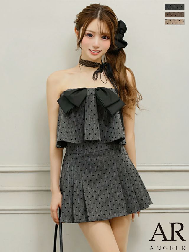 キャバドレス ミニドレス Angel-R エンジェルアール 高級 2way ドット柄 キャミソール ベアトップ フロントリボン プリーツ セットアップ フレアミニドレス