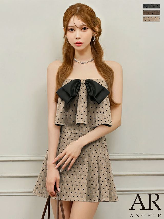 キャバドレス ミニドレス Angel-R エンジェルアール 高級 2way ドット柄 キャミソール ベアトップ フロントリボン プリーツ セットアップ フレアミニドレス
