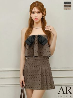 予約商品【9月中旬入荷予定】[Angel-R/エンジェルアール] 高級 2way ドット柄 キャミソール ベアトップ フロントリボン プリーツ セットアップ フレアミニドレス