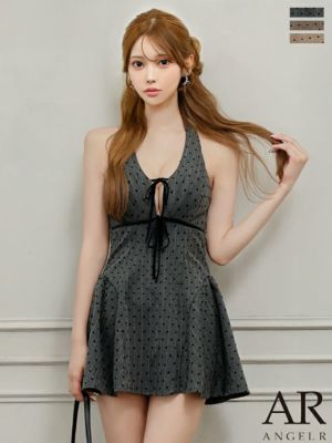 予約商品【9月中旬入荷予定】[Angel-R/エンジェルアール] 高級 ネックリボン ホルターネック ドット柄 リボン Vカット ベロア フレアミニドレス