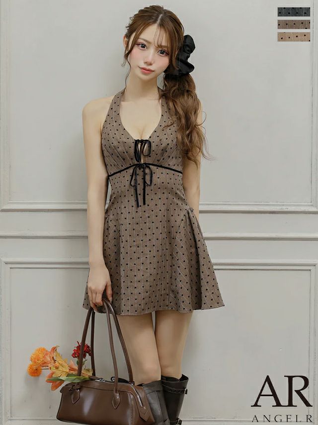 キャバドレス ミニドレス Angel-R エンジェルアール 高級 ネックリボン ホルターネック ドット柄 リボン Vカット ベロア フレアミニドレス