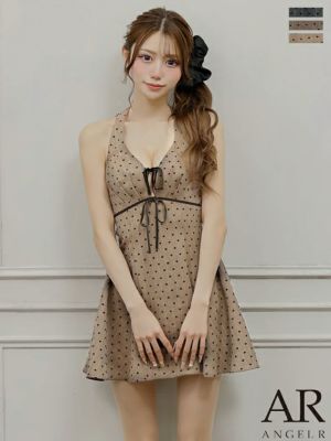 予約商品【9月中旬入荷予定】[Angel-R/エンジェルアール] 高級 ネックリボン ホルターネック ドット柄 リボン Vカット ベロア フレアミニドレス