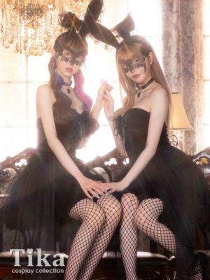 [コスプレ] ベロア ベア レースアップ アシメチュール フレアスカート ツイン セクシー バニー [5点セット] (チョーカー/ワンピース/カチューシャ/アイマスク/ニーハイソックス)
