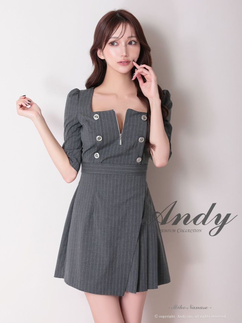 キャバドレス Andy アンディ　高級 袖あり ジップ バックリボン スクエアネック ウエストカット ボタン ストライプ フレアミニドレス