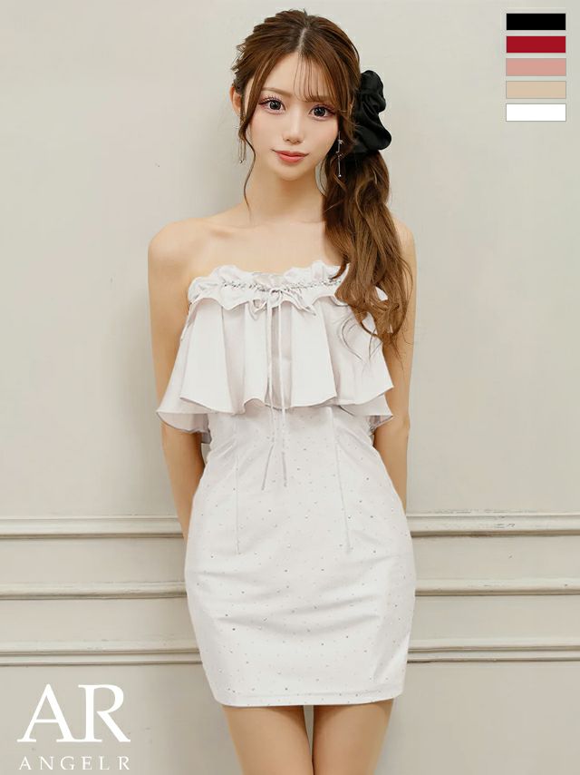 キャバドレス ミニドレス Angel-R エンジェルアール 高級 2way ベアトップ チェーンキャミソール リボン ビジュー バストフリル タイトミニドレス