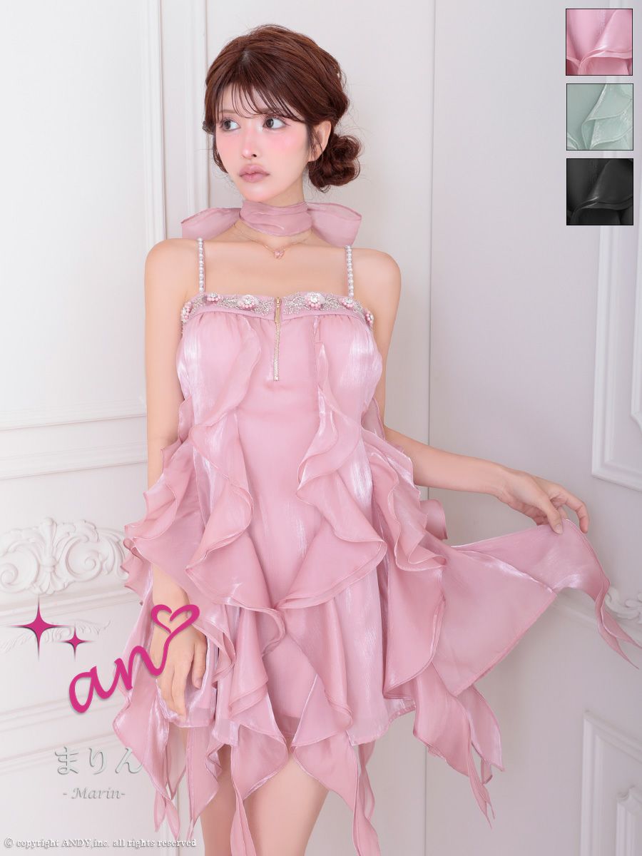 キャバドレス an アン　高級 ブランド フレアミニドレス キャミソール ネックリボン サテン フリル ジップ キュート