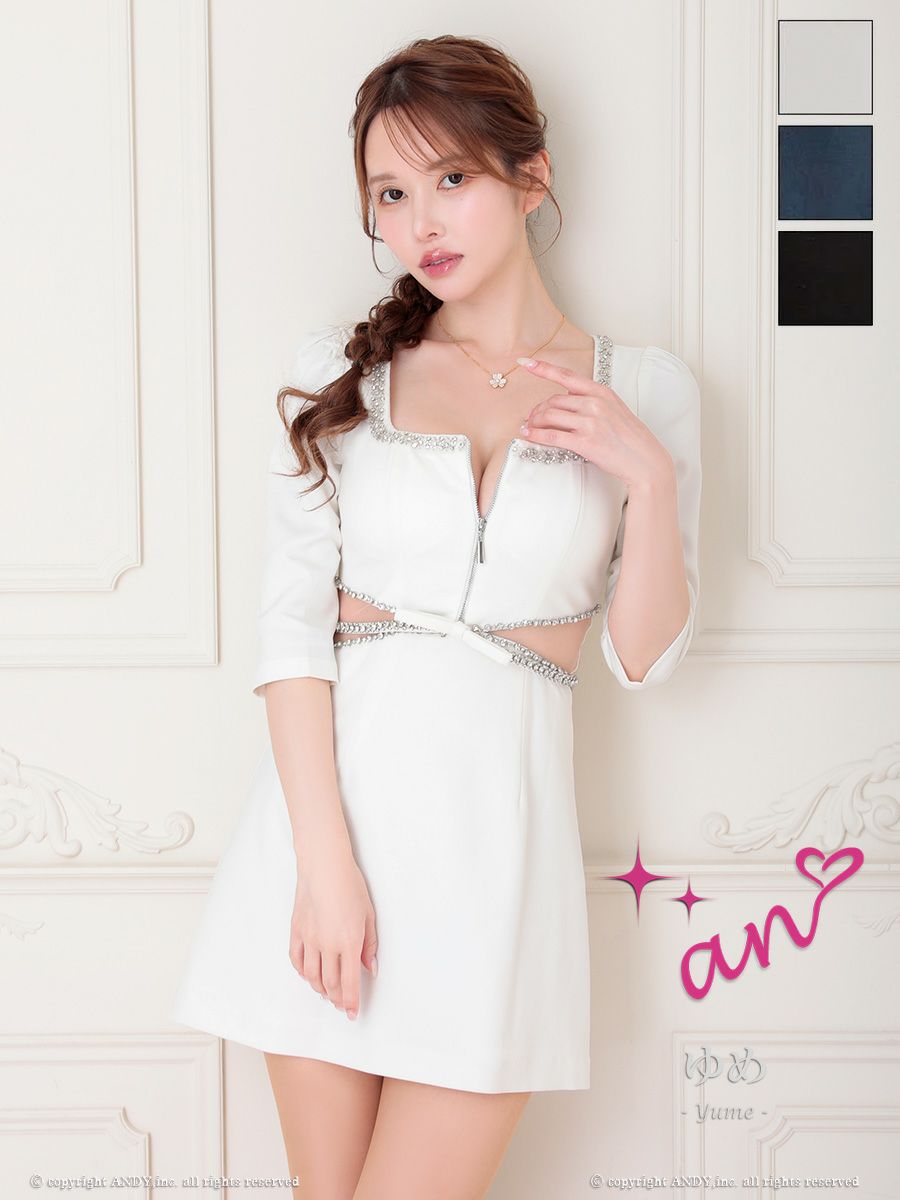 キャバドレス an アン 高級 袖あり ジップ くびれ ビジュー フレア ミニ キャバドレス