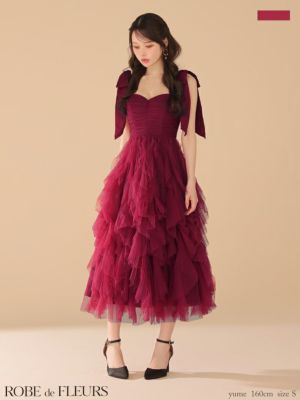 予約商品【8月下旬入荷予定】[ROBEdeFLEURS/ローブドフルール] 高級 キャミソール ショルダーリボン ボリュームチュール Aラインロングドレス
