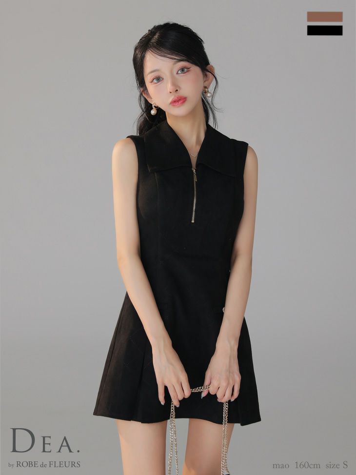 予約商品【9月上旬入荷予定】[DEA.byROBEdeFLEURS/ディアバイローブドフルール] 高級 ノースリーブ 襟付き ジップ プリーツ フレアミニドレス
