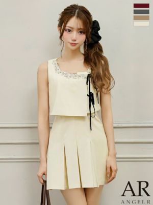 予約商品【9月中旬入荷予定】[Angel-R/エンジェルアール] 高級 2way ビジューノースリーブ キャミソール リボン プリーツ フレアミニドレス