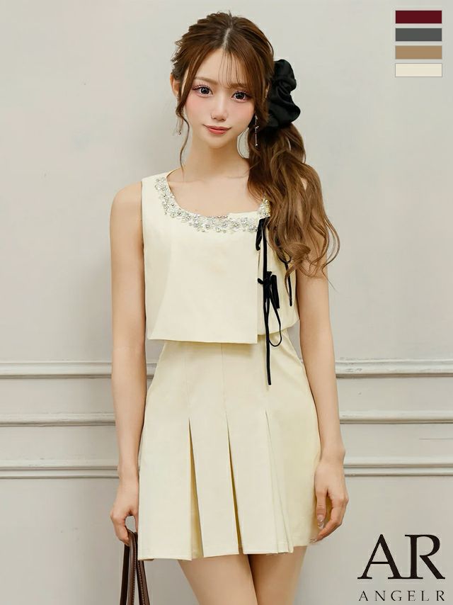 予約商品【9月中旬入荷予定】[Angel-R/エンジェルアール] 高級 2way ビジューノースリーブ キャミソール リボン プリーツ フレアミニドレス