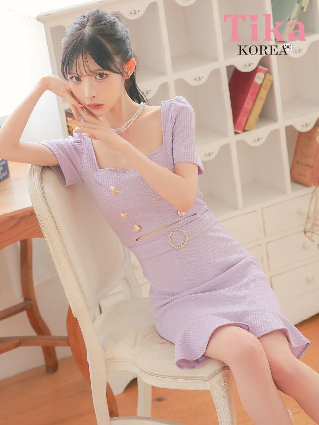 キャバドレス 韓国ドレス スクエアネック 半袖 ゴールドボタン ウエストベルト ウエストカット 裾プリーツ フレアミニドレス