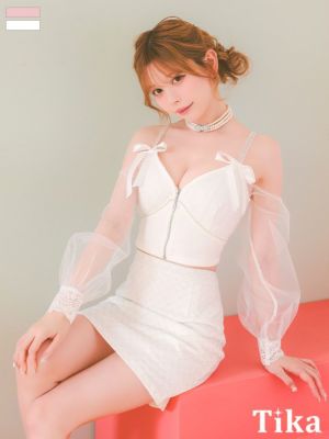 袖あり シアー長袖 肩あき フロントジップ リボン セットアップ 谷間魅せ ビジュー タイトミニドレス (Sサイズ～XLサイズ) (若林萌々/キャバドレス着用)