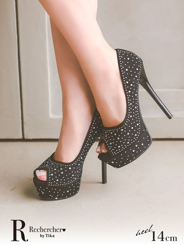 キャバパンプス 靴 ハイヒール パンプス オープントゥ ストーン キラキラ ピンヒール