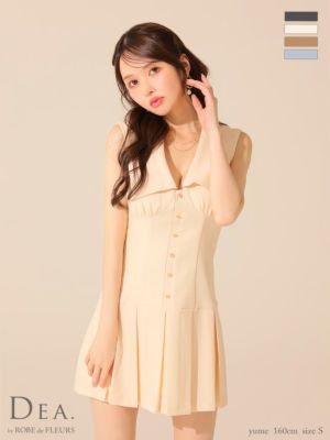 [DEA.byROBEdeFLEURS/ディアバイローブドフルール] 高級 襟付き ノースリーブ シンプル ワンカラー 谷間魅せ プリーツ フレアミニドレス