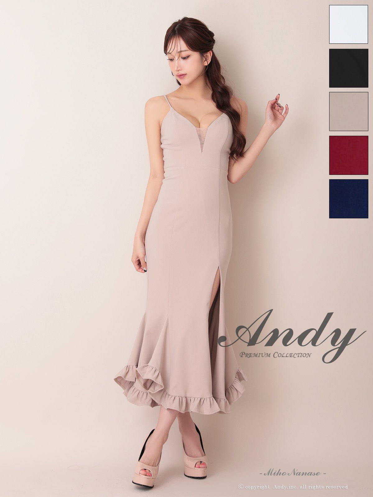 キャバドレス Andy アンディ 高級 キャミソール バストシースルー 谷間魅せ 裾フリル スリット マーメイド タイトロングドレス