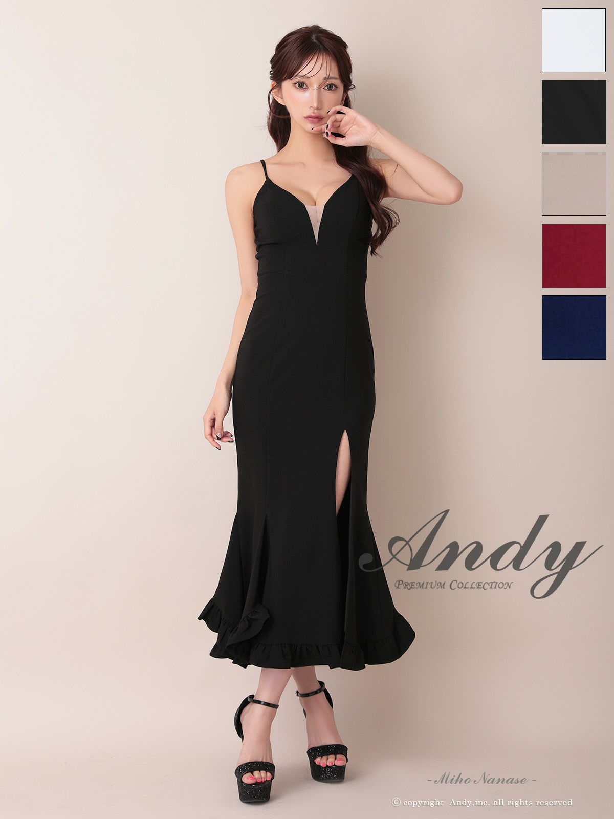 キャバドレス  Andy アンディ 高級 キャミソール バストシースルー 谷間魅せ 裾フリル スリット マーメイド タイトロングドレス