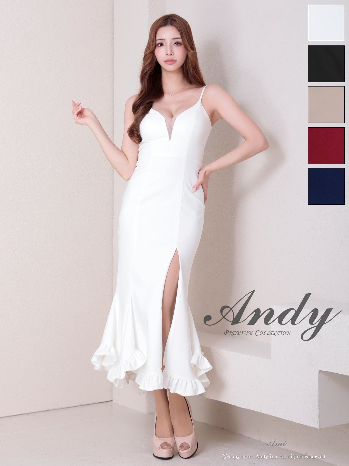 キャバドレス Andy アンディ 高級 キャミソール バストシースルー 谷間魅せ 裾フリル スリット マーメイド タイトロングドレス