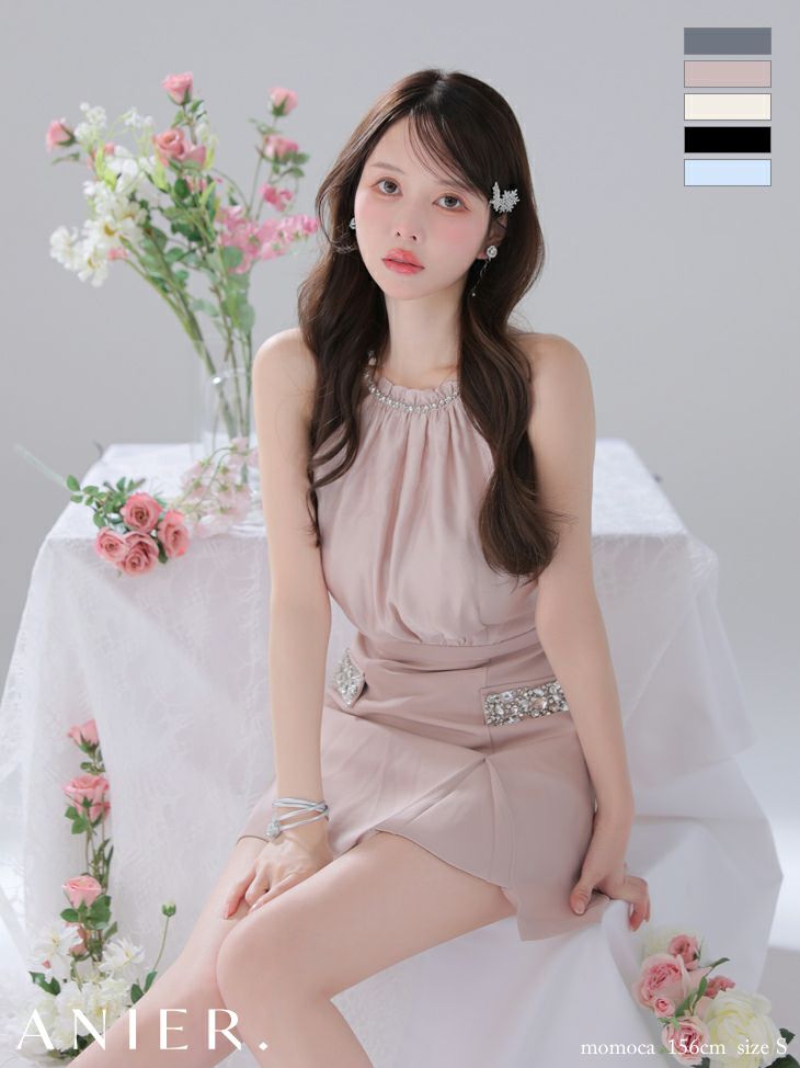 キャバドレス ミニドレス anier.ROBE アニエルローブ高級 ホルターネック サテン バストシースルー ビジュー スリット 背中魅せ タイトミニドレス