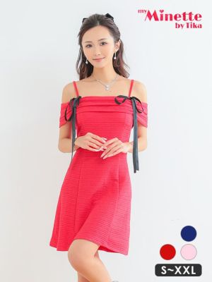 [SALE] 安い フレアミニドレス Aライン オフショルダー 大きいサイズ プチプラ 背中魅せ 肩出し 二の腕カバー ワッフル (れいたぴ着用)