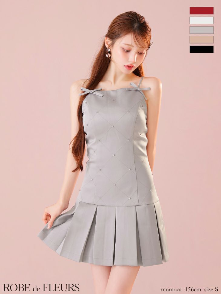 キャバドレス ミニドレス ROBEdeFLEURS ローブドフルール　ワンピース 高級 ブランド フレアミニドレス キャミソール プリーツ リボン ビジュー サテン
