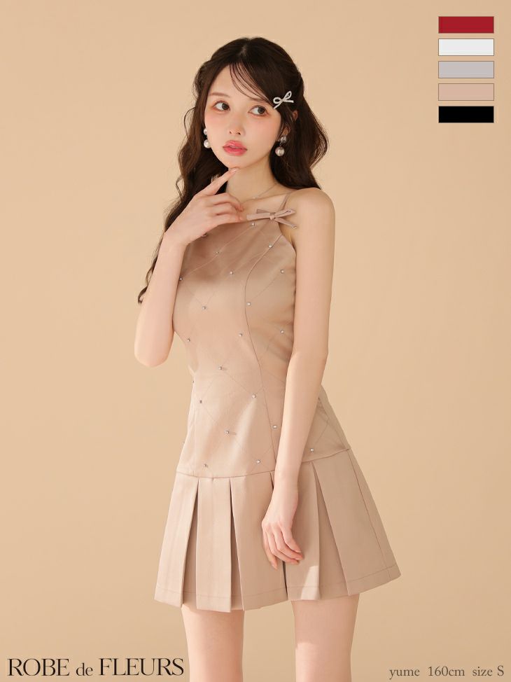 キャバドレス ミニドレス ROBEdeFLEURS ローブドフルール　ワンピース 高級 ブランド フレアミニドレス キャミソール プリーツ リボン ビジュー サテン