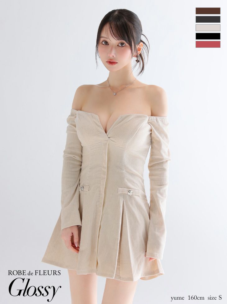 キャバドレス ミニドレス ROBEdeFLEURSGlossy ローブドフルールグロッシー 高級 ブランド フレアミニドレス 長袖 谷間 オフショルダー 大人 ラメニット プリーツスカート
