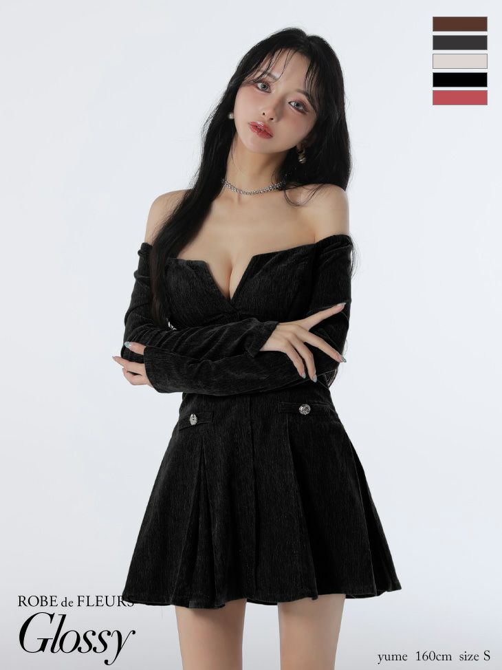 キャバドレス ミニドレス ROBEdeFLEURSGlossy ローブドフルールグロッシー 高級 ブランド フレアミニドレス 長袖 谷間 オフショルダー 大人 ラメニット プリーツスカート
