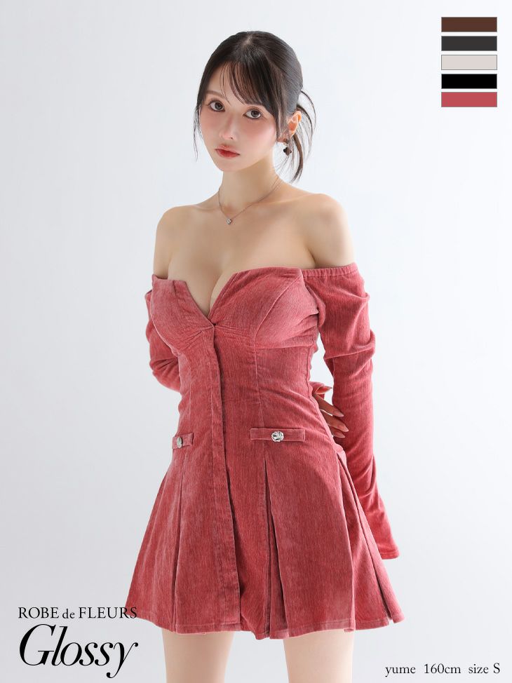 キャバドレス ミニドレス ROBEdeFLEURSGlossy ローブドフルールグロッシー 高級 ブランド フレアミニドレス 長袖 谷間 オフショルダー 大人 ラメニット プリーツスカート