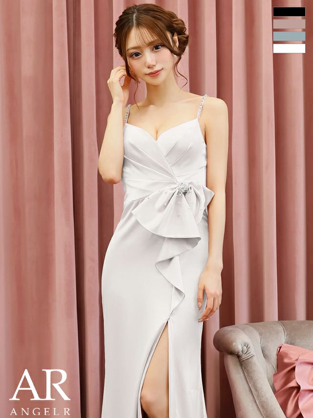 キャバドレス ロングドレス Angel-R エンジェルアール 高級 ブランド タイトロングドレス 谷間 大人 スリット 上品 キャミソール ビジュー ウエストリボン サテン タックデザイン