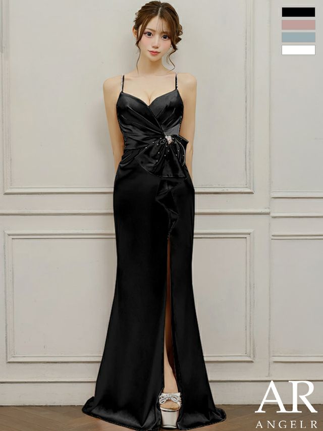 キャバドレス ロングドレス Angel-R エンジェルアール 高級 ブランド タイトロングドレス 谷間 大人 スリット 上品 キャミソール ビジュー ウエストリボン サテン タックデザイン