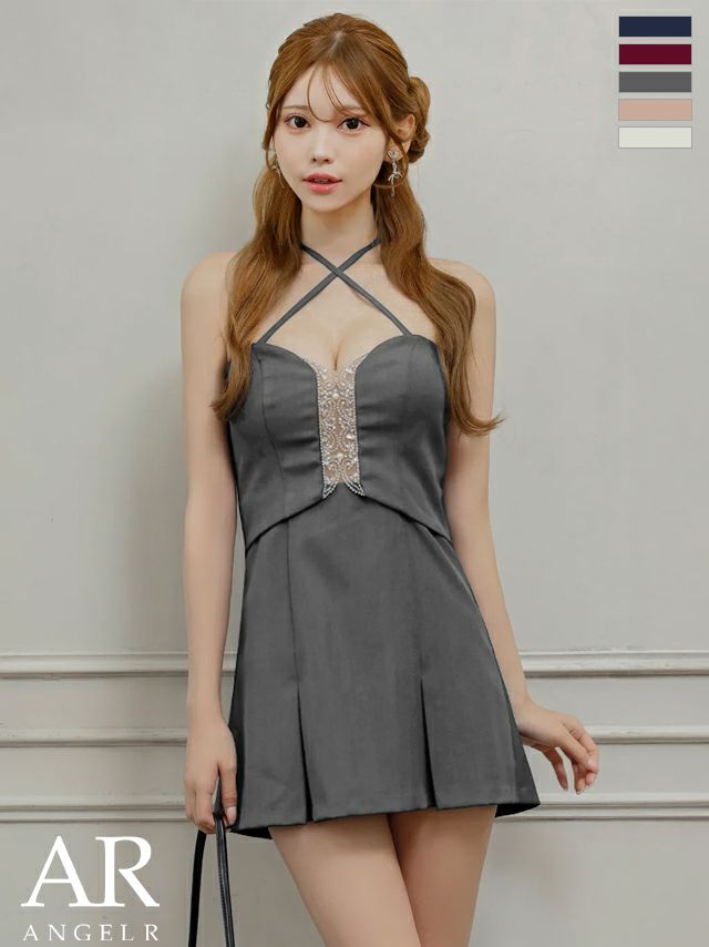 キャバドレス ミニドレス Angel-R エンジェルアール 高級 ブランド フレアミニドレス 谷間 ホルターネック ネックリボン ベアトップ 2way プリーツスカート ビジュー