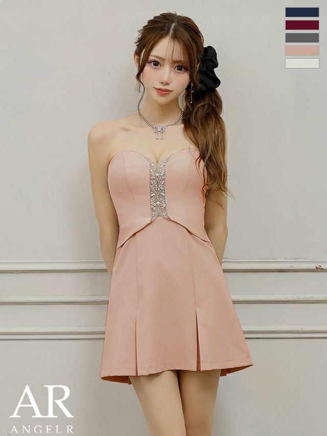 キャバドレス ミニドレス Angel-R エンジェルアール 高級 ブランド フレアミニドレス 谷間 ホルターネック ネックリボン ベアトップ 2way プリーツスカート ビジュー