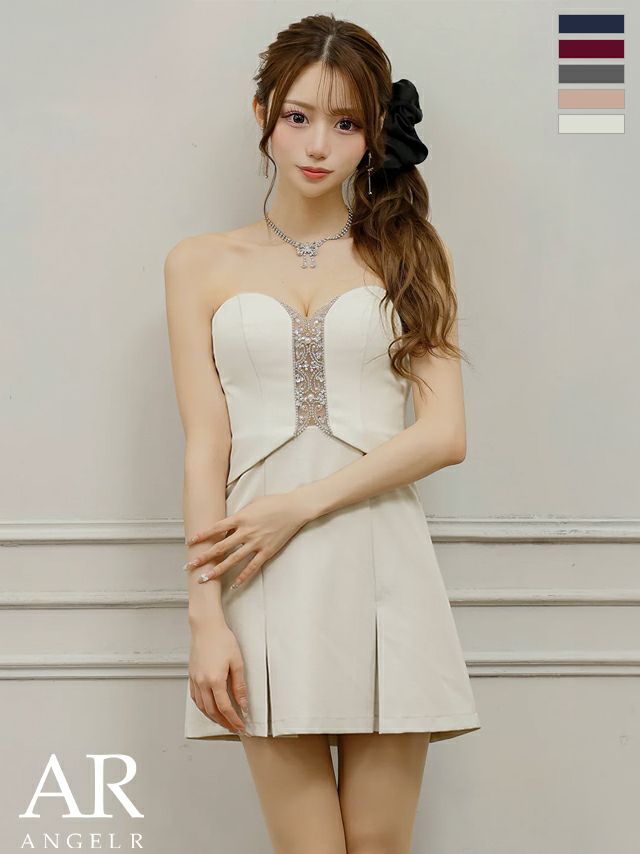 キャバドレス ミニドレス Angel-R エンジェルアール 高級 ブランド フレアミニドレス 谷間 ホルターネック ネックリボン ベアトップ 2way プリーツスカート ビジュー