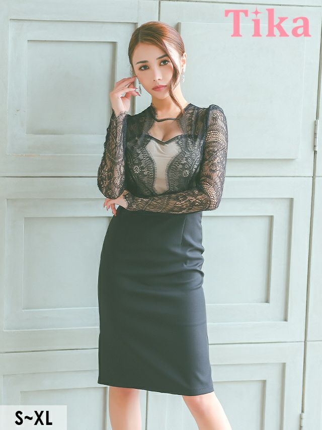 キャバドレス 膝丈 大きいサイズ タイト ミディアムドレス 袖あり 長袖 レース 上品