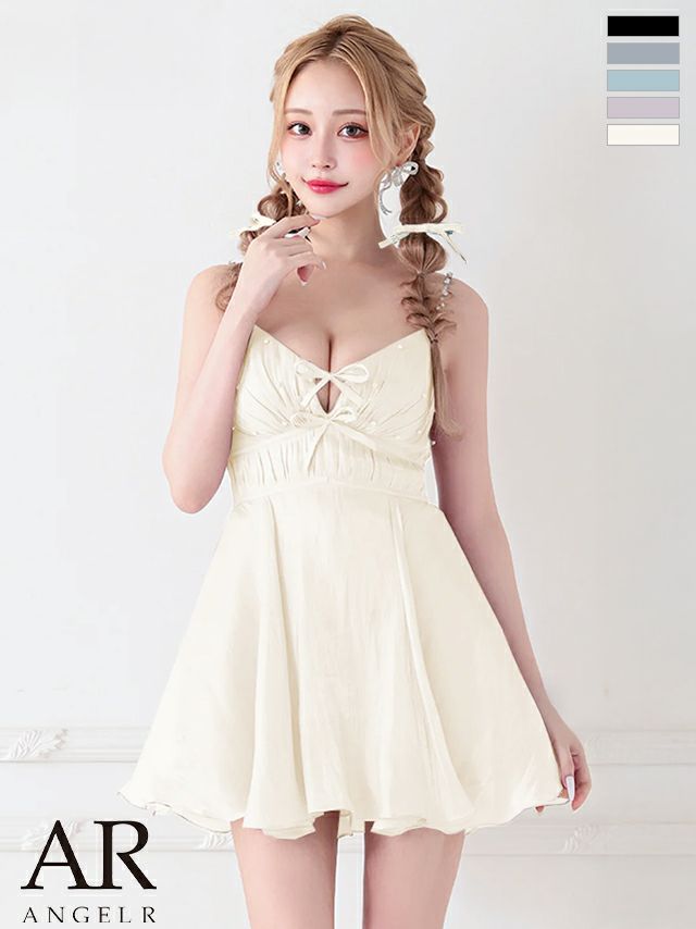 キャバドレス ミニドレス Angel-R エンジェルアール 高級 ブランド フレアミニドレス 谷間 キャミソール Vカット バストリボン パール ビジュー