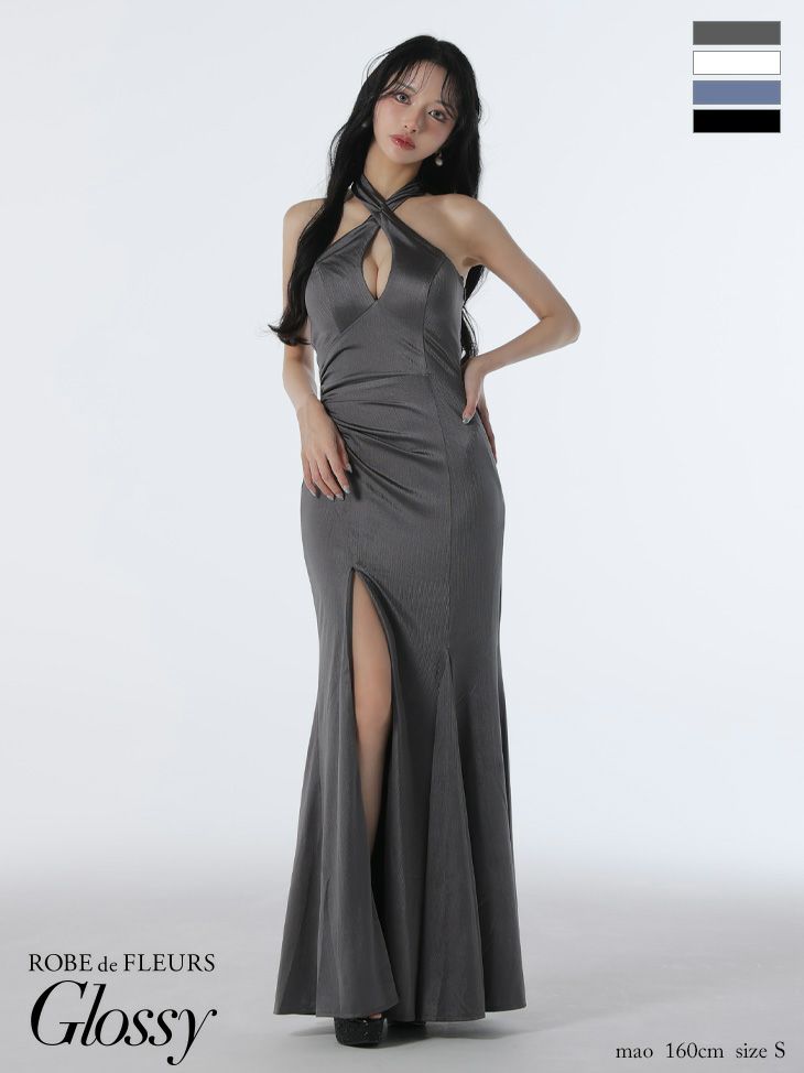 キャバドレス ロングドレス ROBEdeFLEURSGlossy ローブドフルールグロッシー　高級 ブランド タイトロングドレス 谷間 大人 スリット 上品 背中魅せ マーメイド ホルターネック バストカット サテン