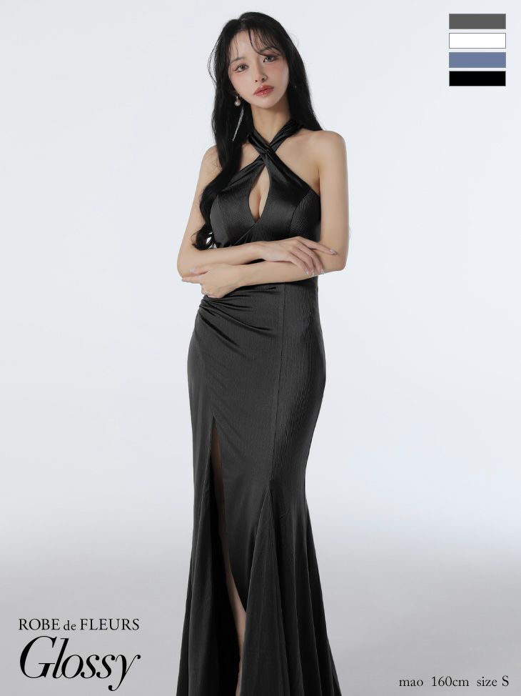 キャバドレス ロングドレス ROBEdeFLEURSGlossy ローブドフルールグロッシー　高級 ブランド タイトロングドレス 谷間 大人 スリット 上品 背中魅せ マーメイド ホルターネック バストカット サテン